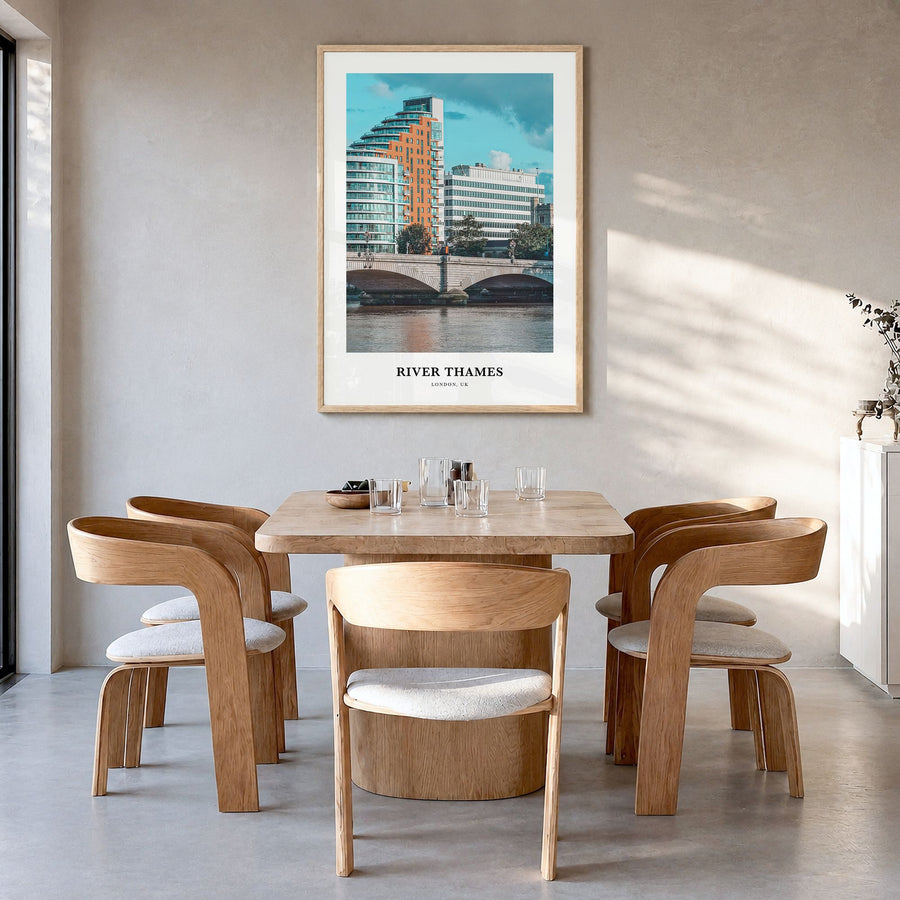 River Thames Classic Poster in a natural wood frame, hanging in a dining room