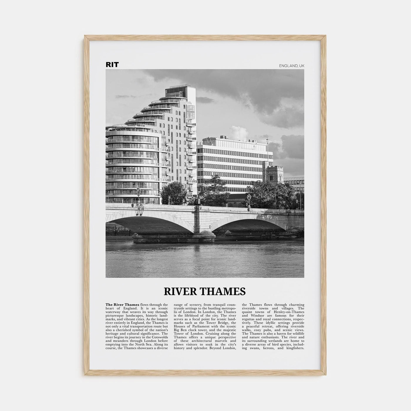 River Thames Poster Natural Wood / 8x12 in Nbourhood Travel B&W Poster