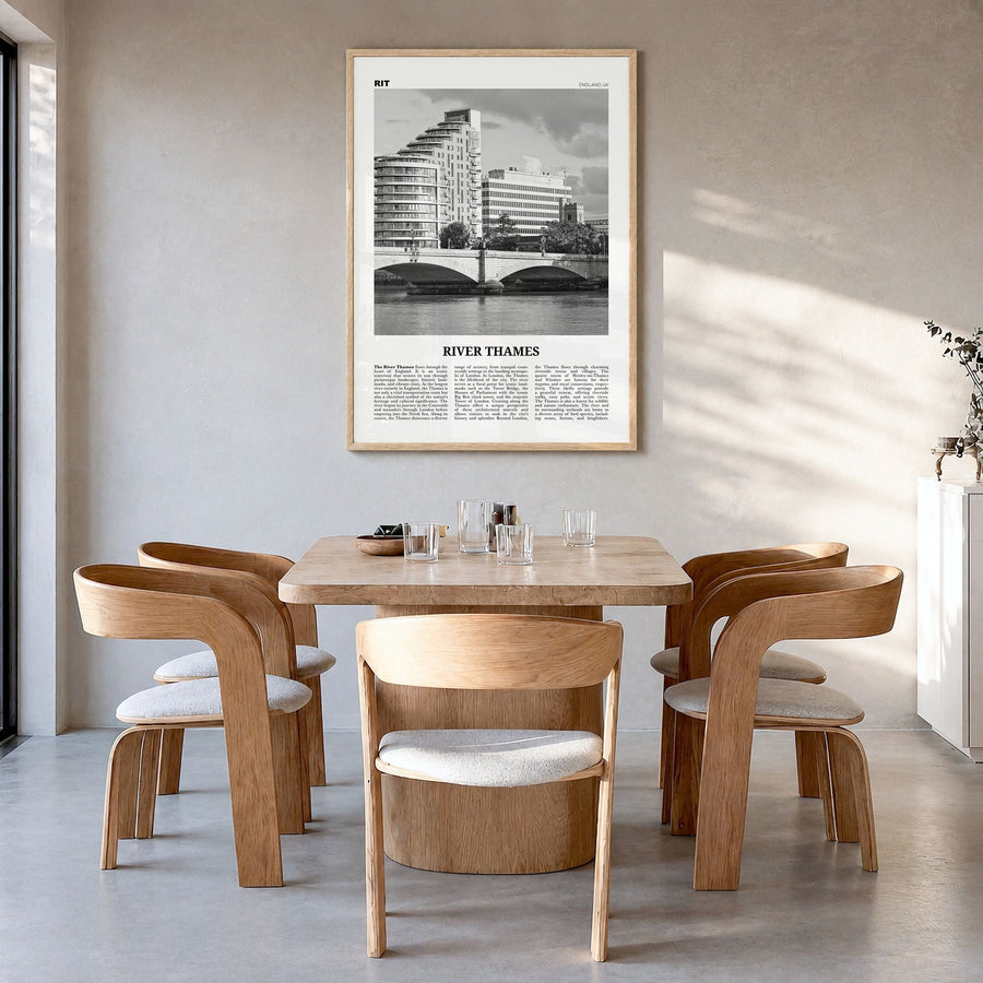 River Thames Newspaper Poster in a natural wood frame, hanging in a dining room