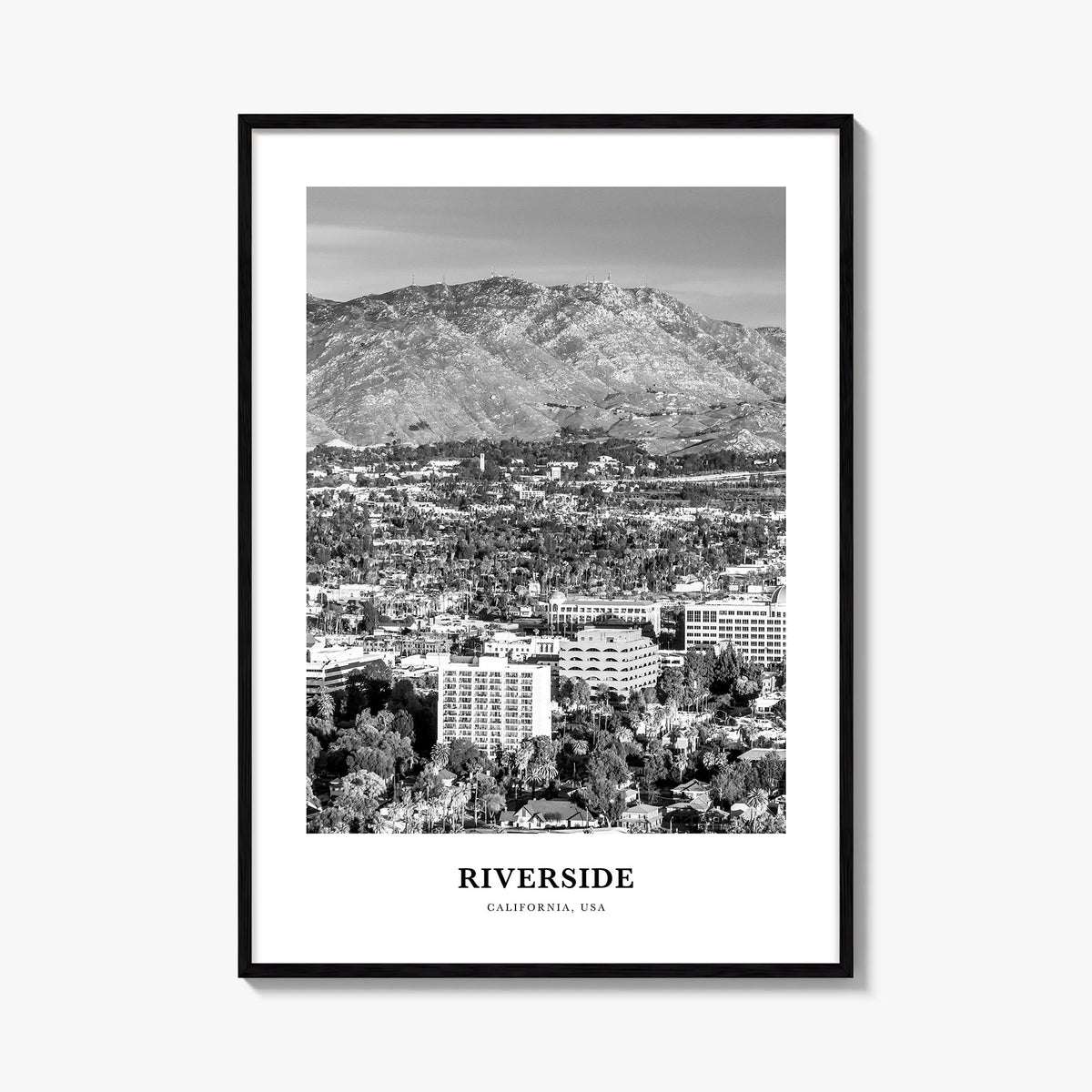Riverside black & white classic poster of California, USA – vertical wall art, unframed print shown in interior mockup