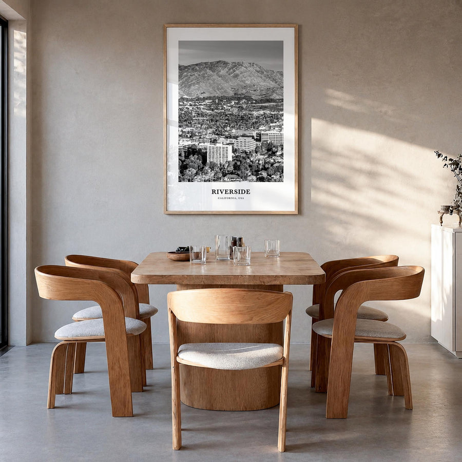 Riverside black & white classic poster of California, USA – vertical wall art in natural wood frame, hanging on wall