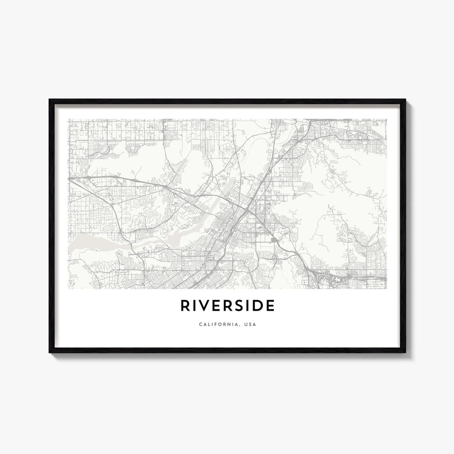 Riverside black & white map poster of California, USA – horizontal wall art, unframed print shown in interior mockup
