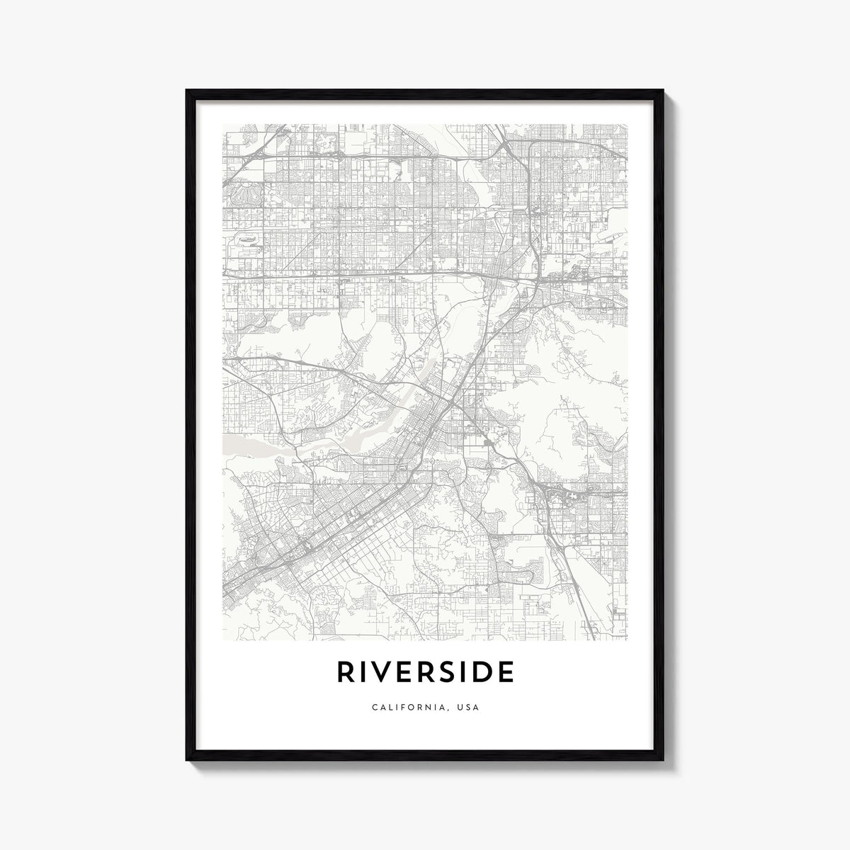 Riverside black & white map poster of California, USA – vertical wall art, unframed print shown in interior mockup