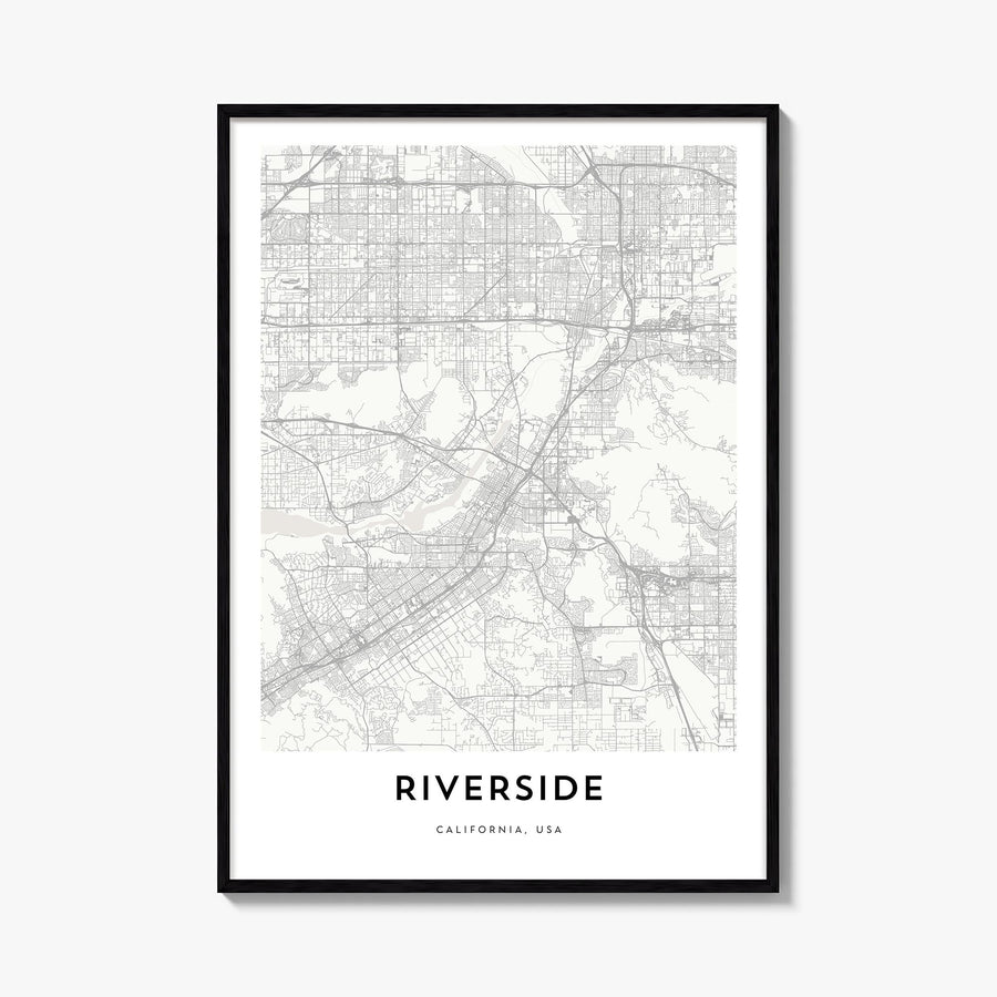 Riverside black & white map poster of California, USA – vertical wall art, unframed print shown in interior mockup