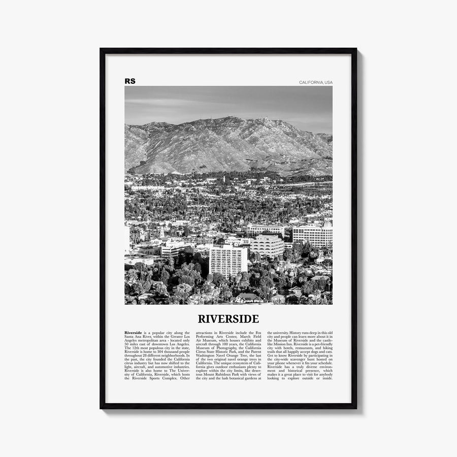 Riverside black & white newspaper poster of California, USA – vertical wall art, unframed print shown in interior mockup