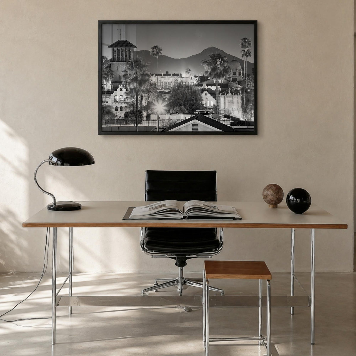 Riverside black & white photo poster of California, USA – horizontal wall art in black wood frame, hanging on wall