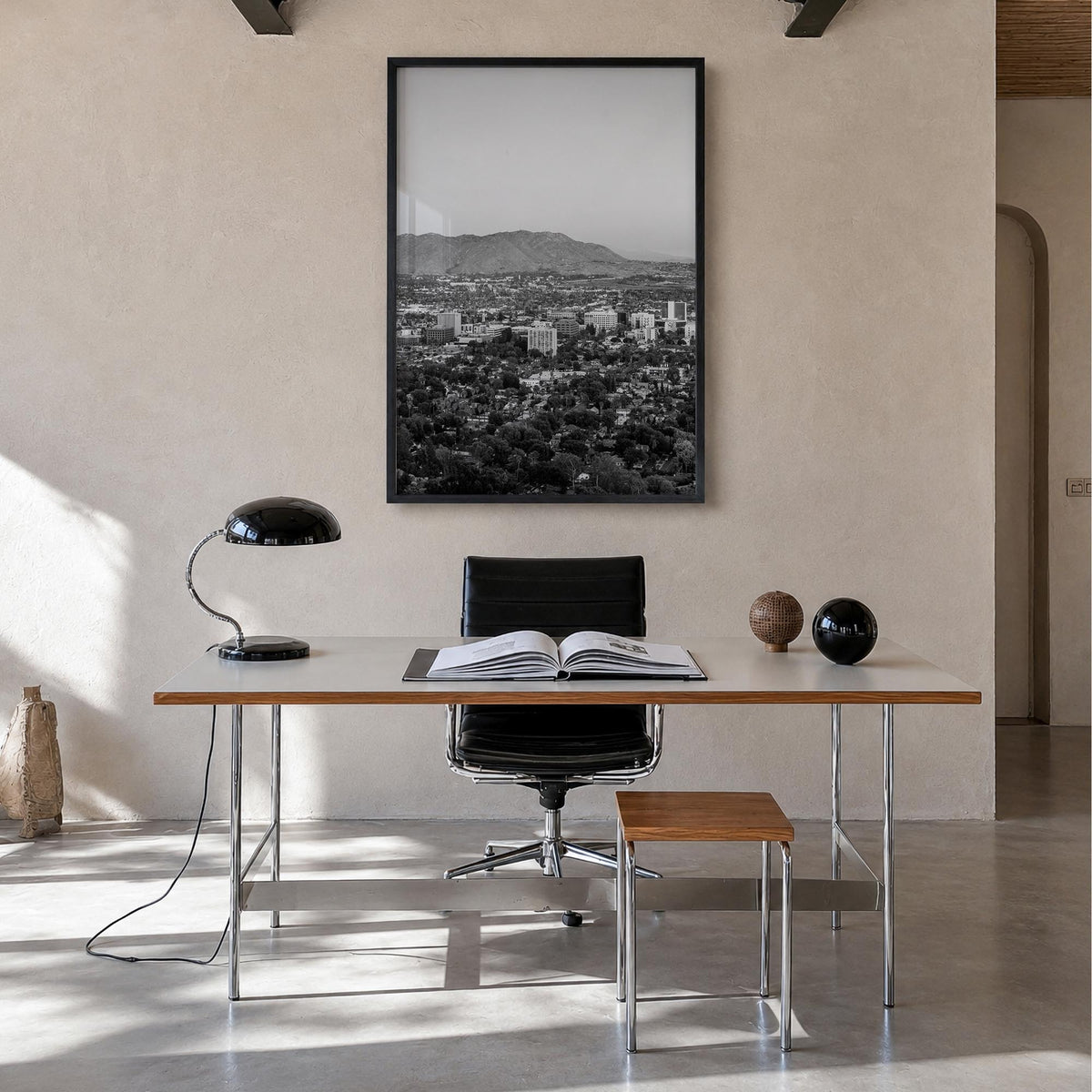 Riverside black & white photo poster of California, USA – vertical wall art in black wood frame, hanging on wall