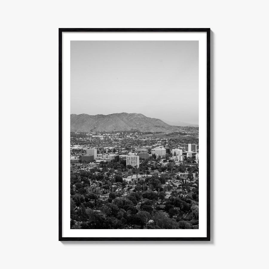 Riverside black & white photo poster of California, USA – vertical wall art, unframed print shown in interior mockup