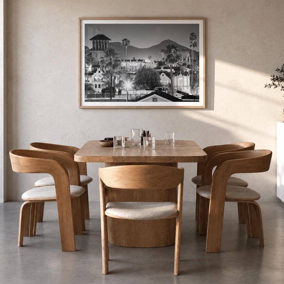 Riverside black & white photo poster of California, USA – horizontal wall art in natural wood frame with white border, hangin