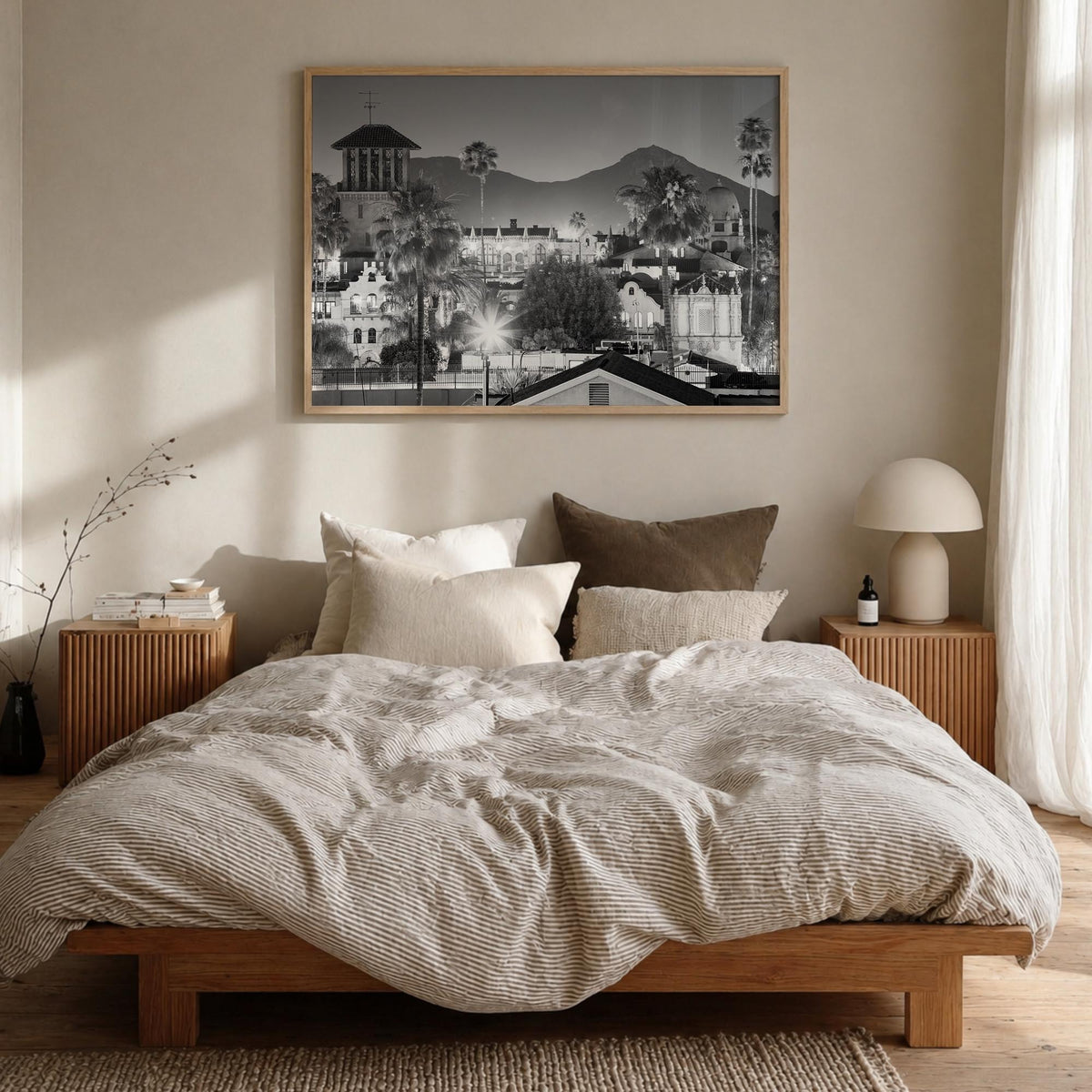 Riverside black & white photo poster of California, USA – horizontal wall art in natural wood frame, hanging on wall