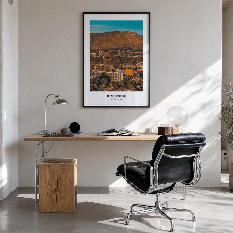 Riverside colorful classic poster of California, USA – vertical wall art in black wood frame, hanging on wall