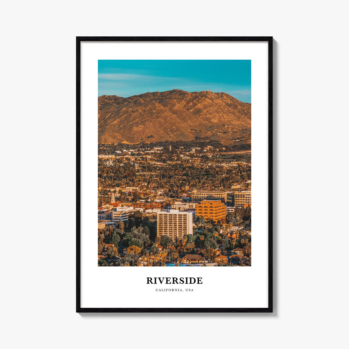Riverside colorful classic poster of California, USA – vertical wall art, unframed print shown in interior mockup