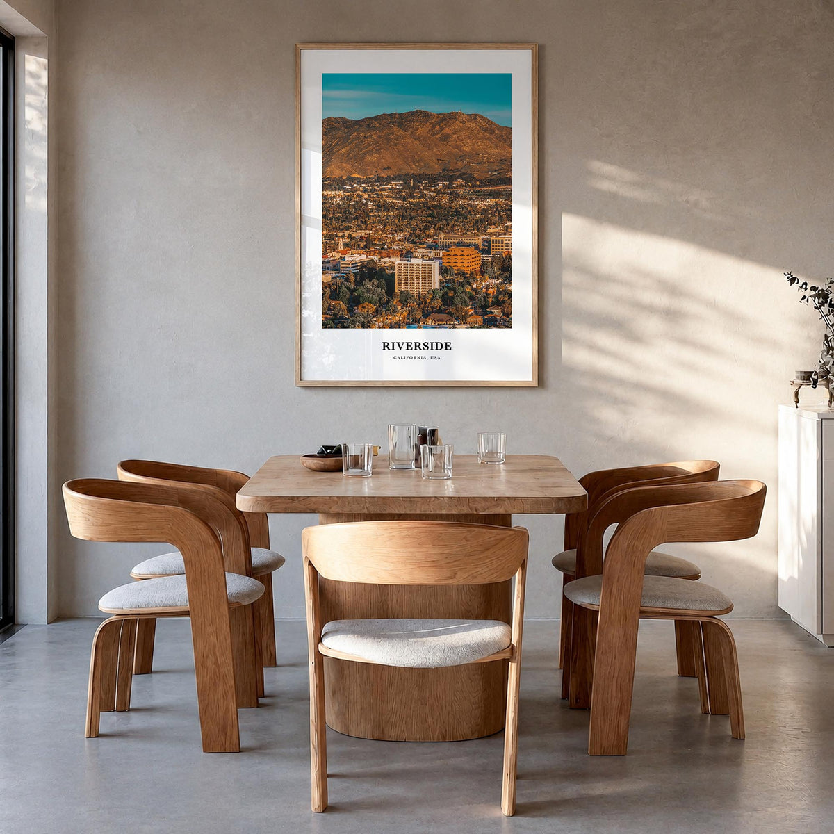Riverside colorful classic poster of California, USA – vertical wall art in natural wood frame, hanging on wall