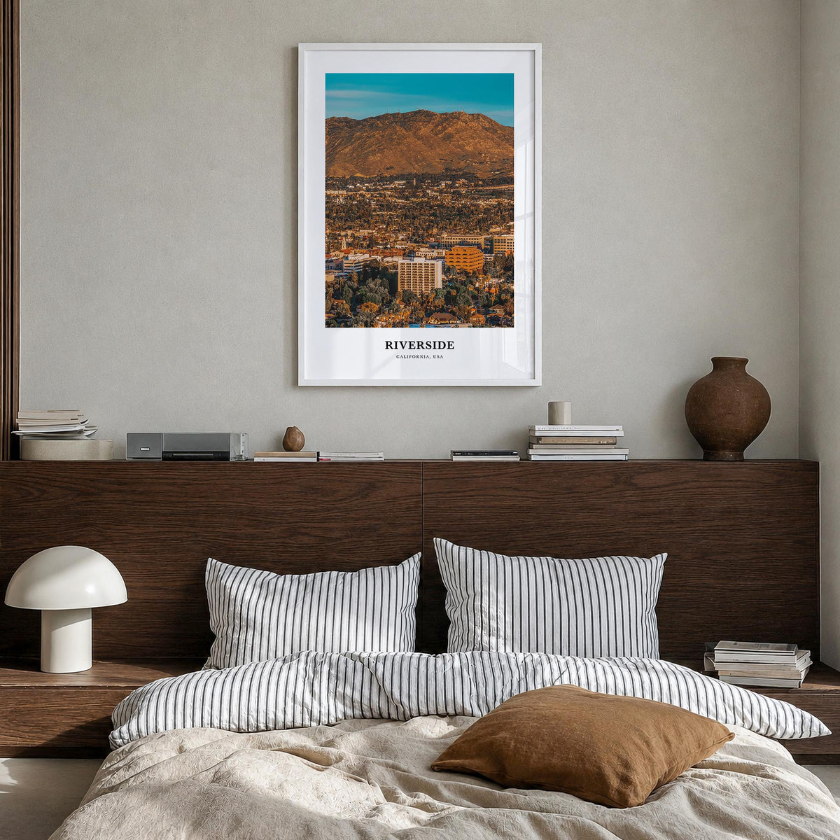 Riverside colorful classic poster of California, USA – vertical wall art in white wood frame, hanging on wall