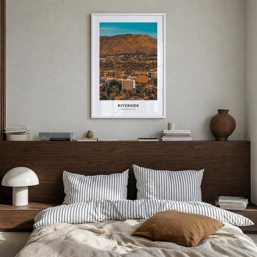 Riverside colorful classic poster of California, USA – vertical wall art in white wood frame, hanging on wall
