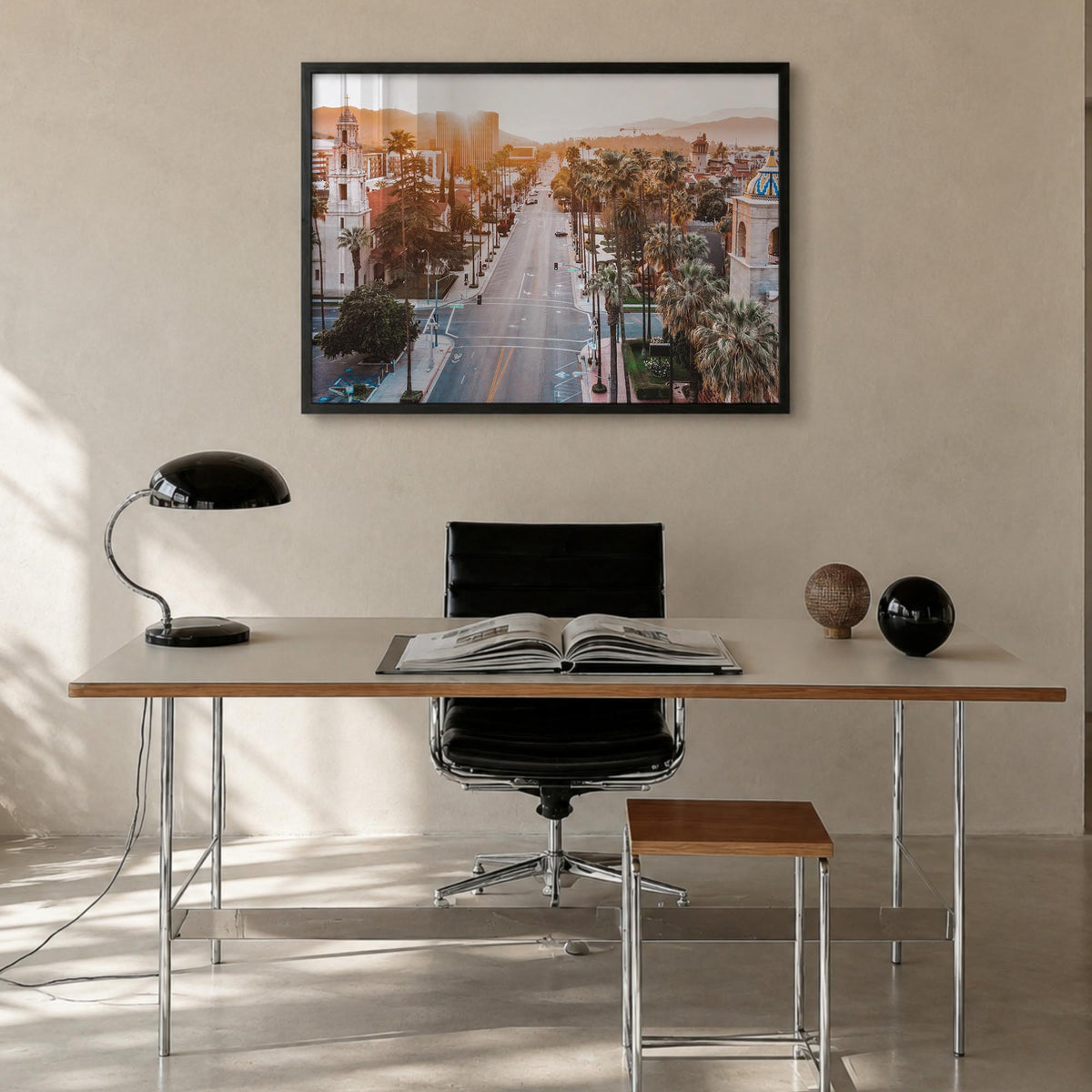 Riverside colorful photo poster of California, USA – horizontal wall art in black wood frame, hanging on wall