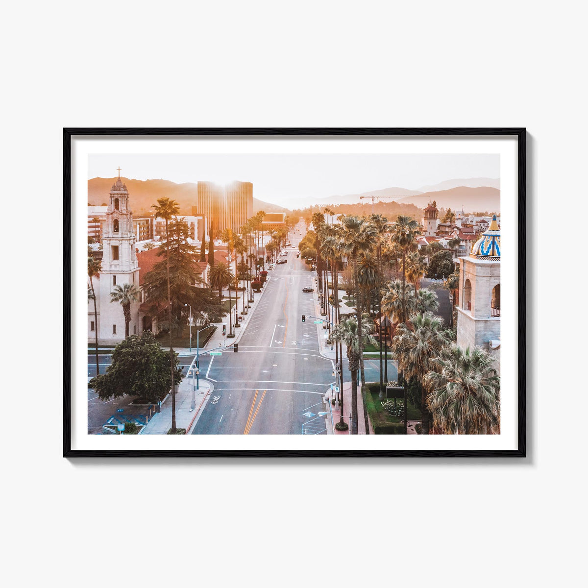 Riverside colorful photo poster of California, USA – horizontal wall art, unframed print shown in interior mockup