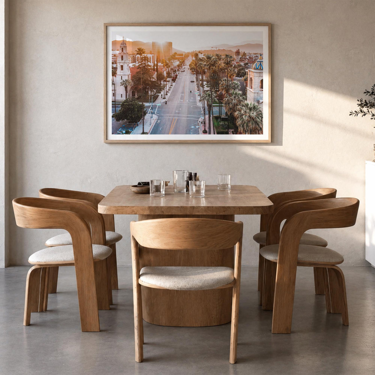 Riverside colorful photo poster of California, USA – horizontal wall art in natural wood frame with white border, hanging on 