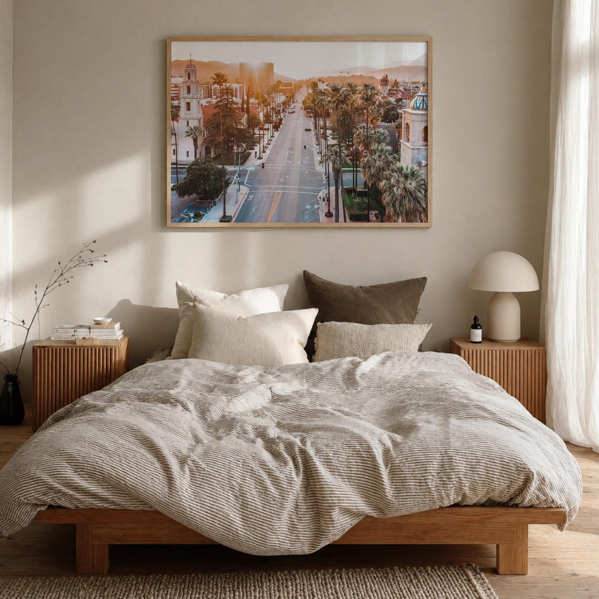 Riverside colorful photo poster of California, USA – horizontal wall art in natural wood frame, hanging on wall