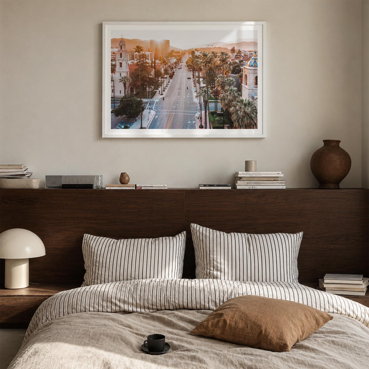 Riverside colorful photo poster of California, USA – horizontal wall art in white wood frame with white border, hanging on wa