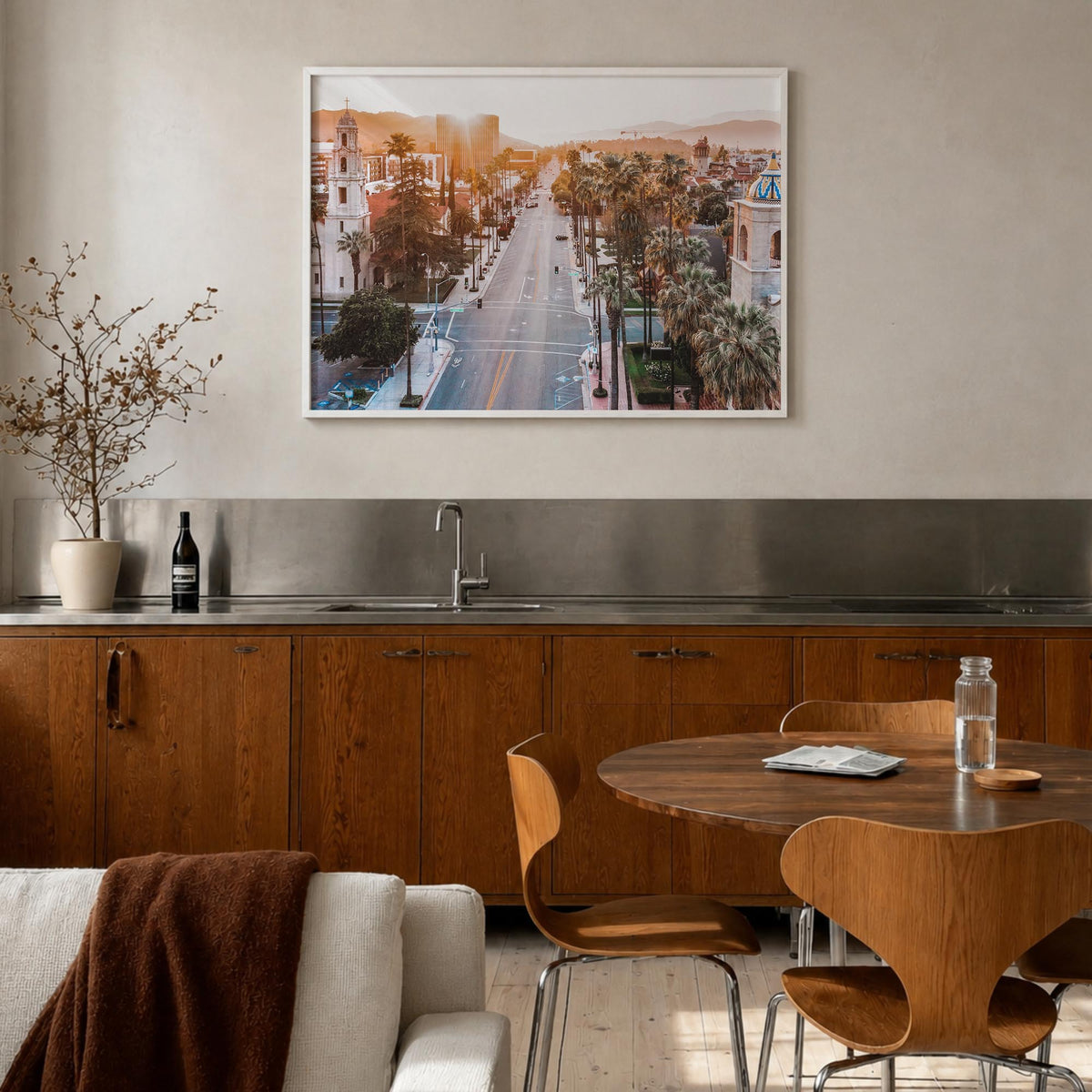 Riverside colorful photo poster of California, USA – horizontal wall art in white wood frame, hanging on wall