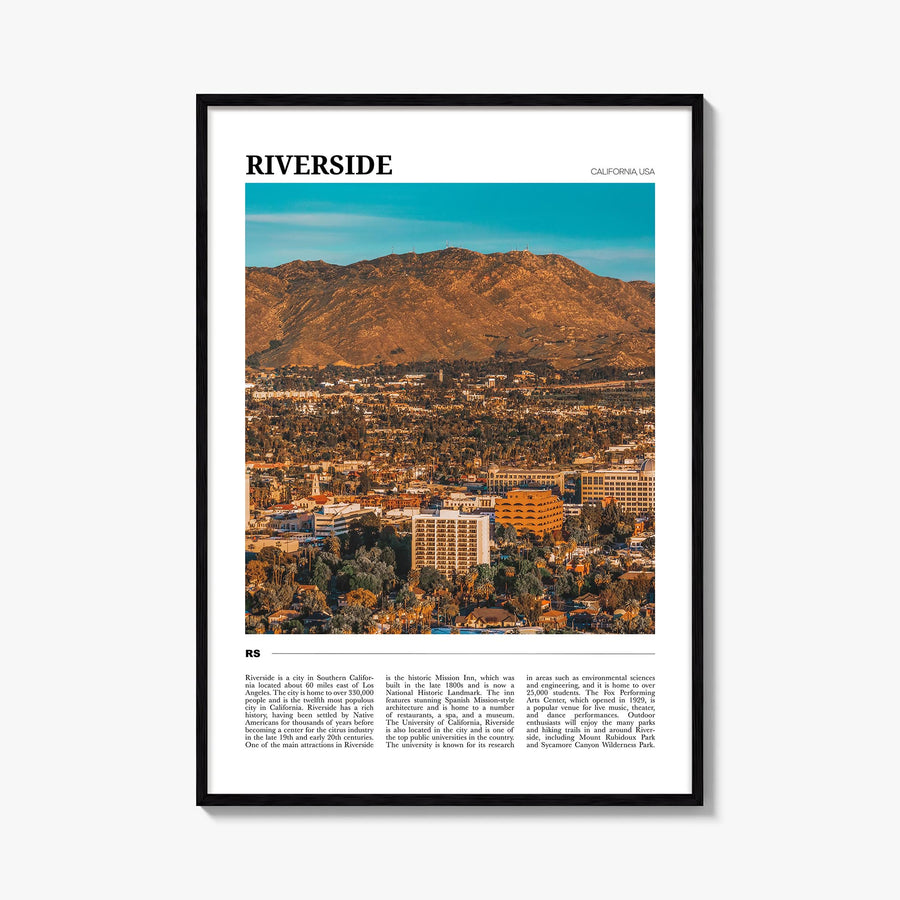 Riverside colorful travel poster of California, USA – vertical wall art, unframed print shown in interior mockup