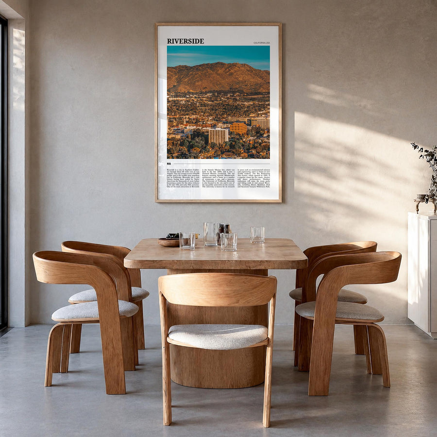 Riverside colorful travel poster of California, USA – vertical wall art in natural wood frame, hanging on wall