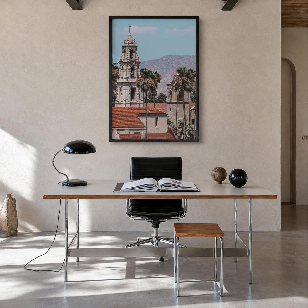 Riverside no. 1 colorful photo poster of California, USA – vertical wall art in black wood frame, hanging on wall