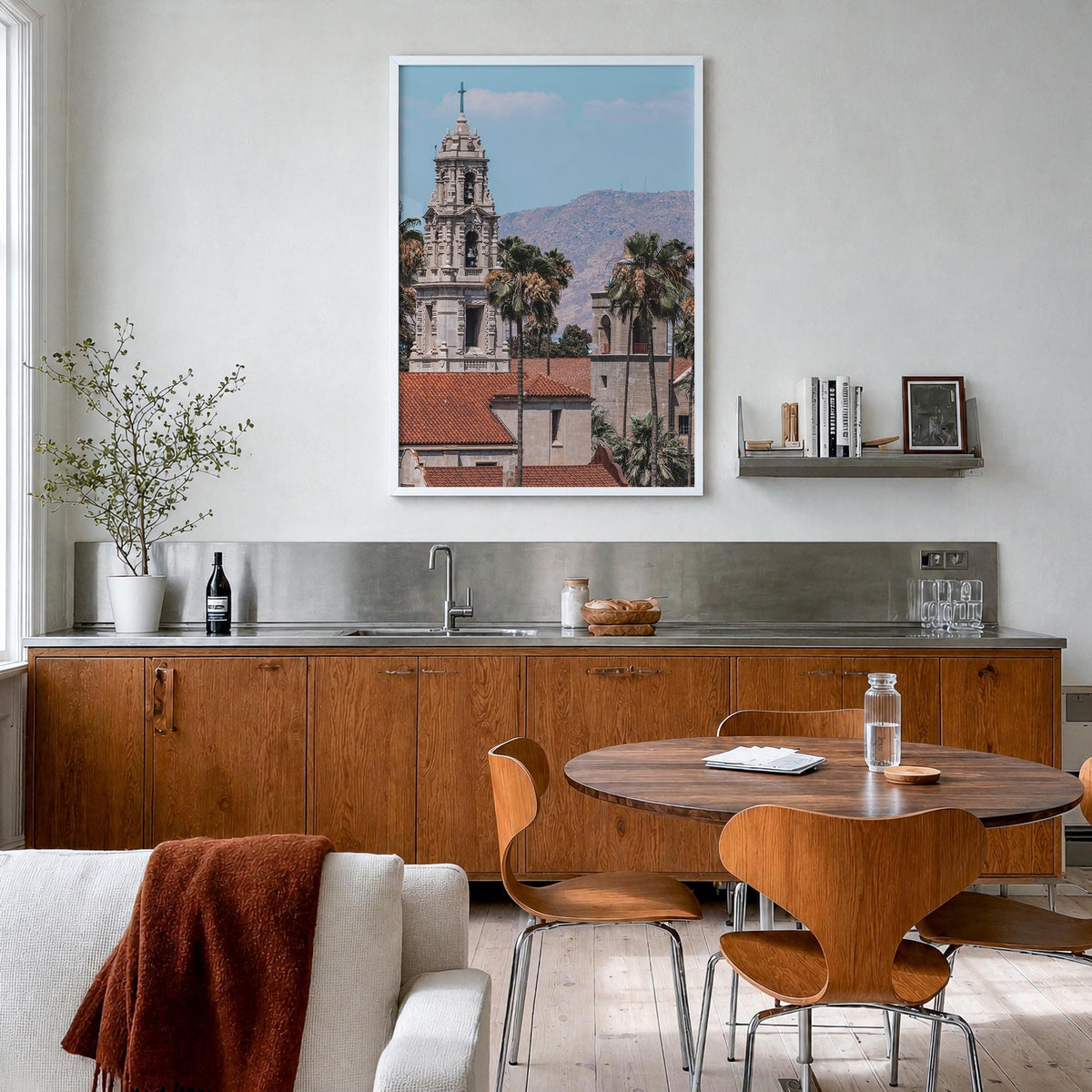 Riverside no. 1 colorful photo poster of California, USA – vertical wall art in white wood frame, hanging on wall