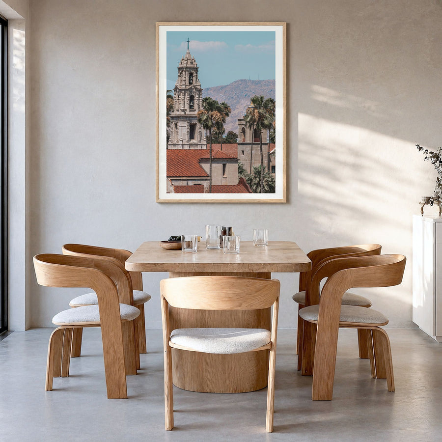 Riverside Photo No 1 Poster in a natural wood frame, hanging in a dining room, white border