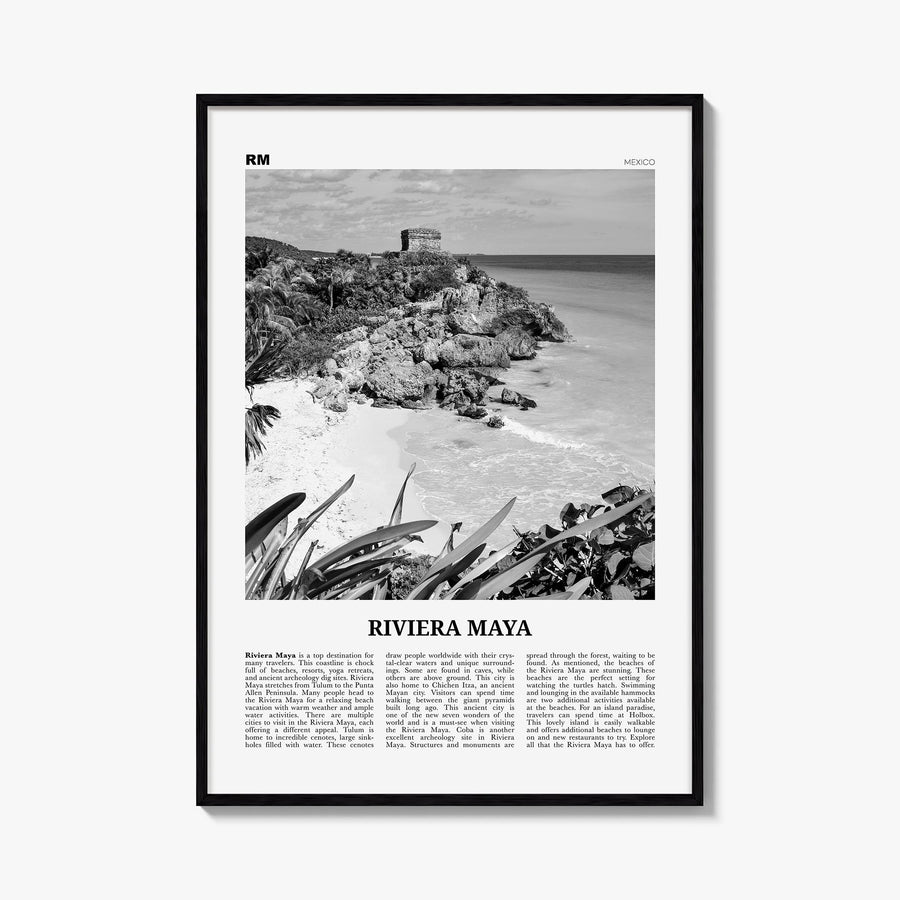 Riviera Maya black & white newspaper poster of Mexico – vertical wall art, unframed print shown in interior mockup