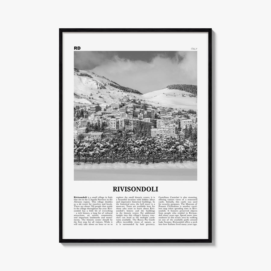 Rivisondoli black & white newspaper poster of Italy – vertical wall art, unframed print shown in interior mockup
