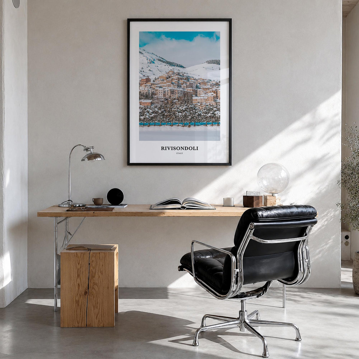 Rivisondoli colorful classic poster of Italy – vertical wall art in black wood frame, hanging on wall