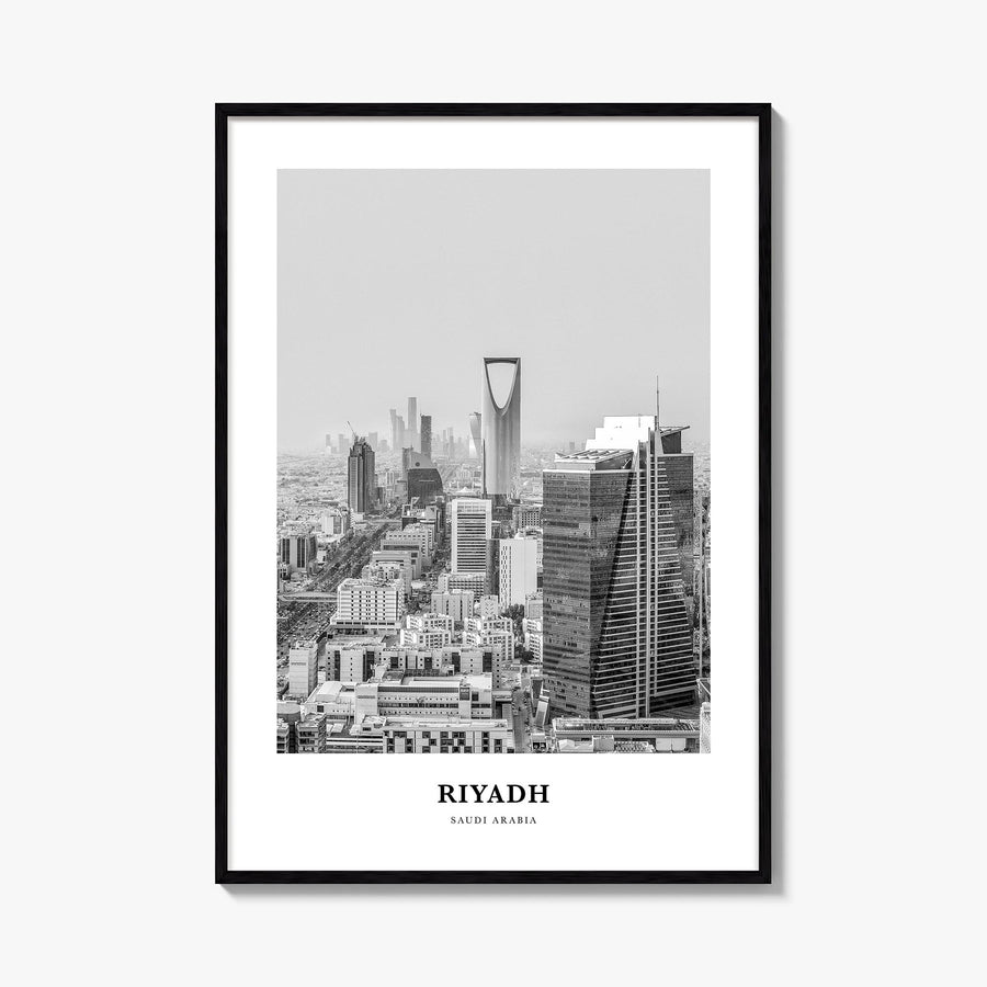 Riyadh black & white classic poster of Saudi Arabia – vertical wall art, unframed print shown in interior mockup