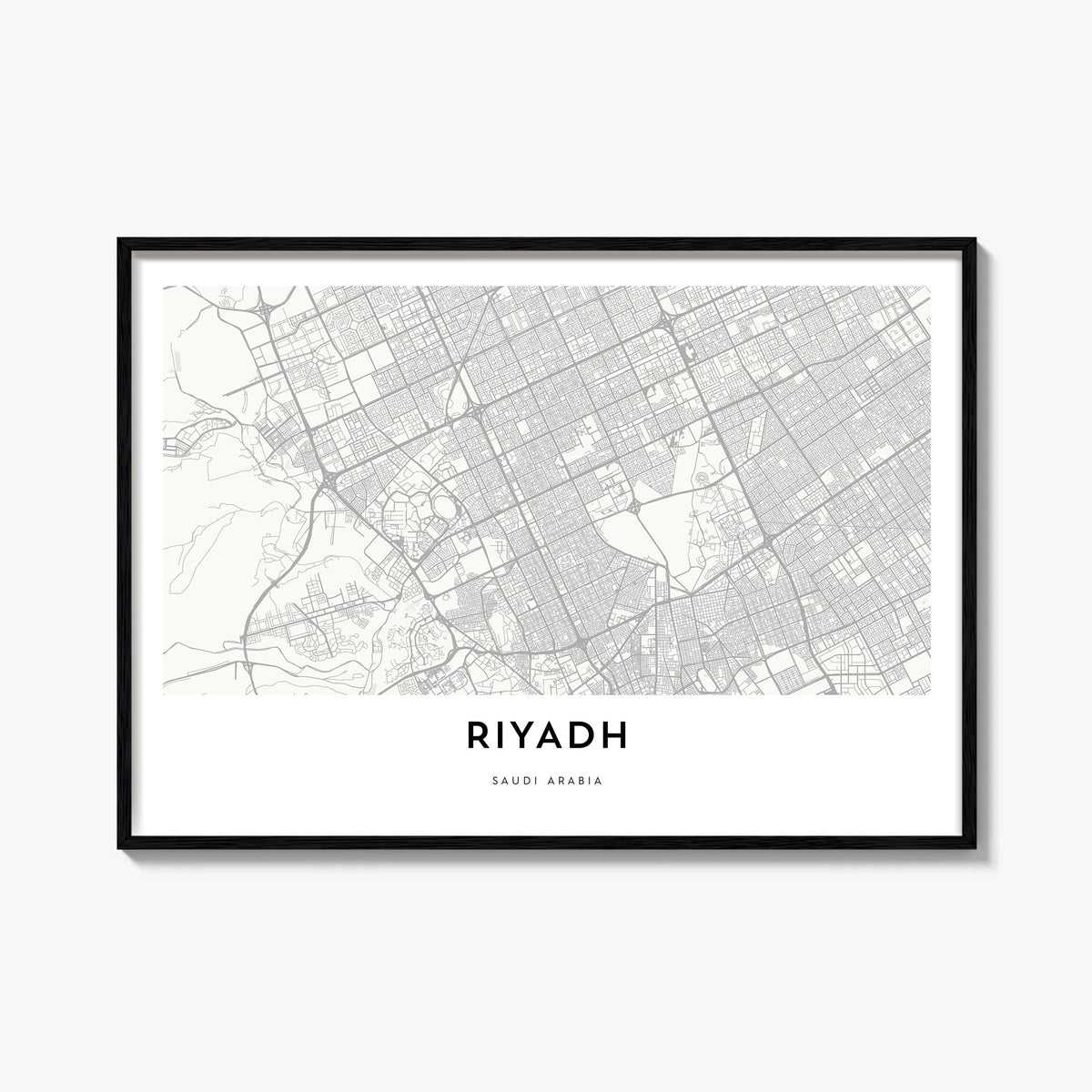 Riyadh black & white map poster of Saudi Arabia – horizontal wall art, unframed print shown in interior mockup