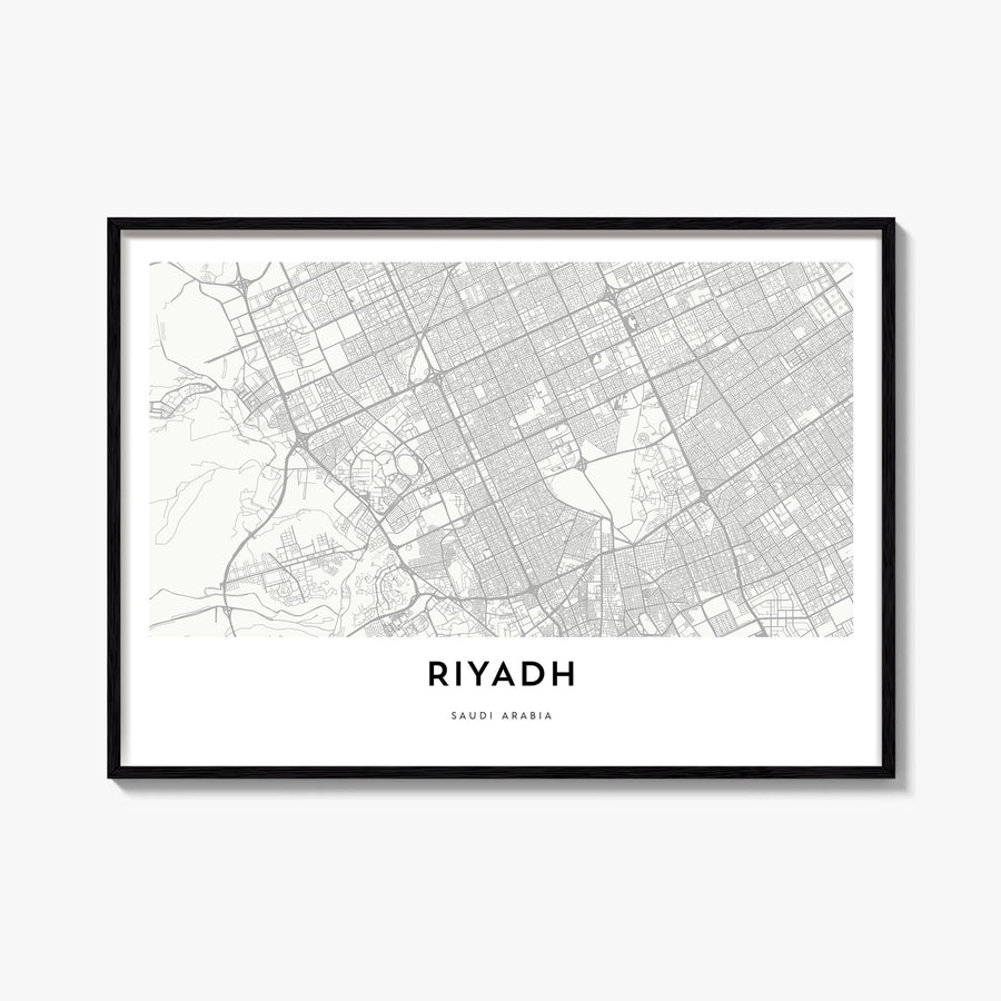 Riyadh black & white map poster of Saudi Arabia – horizontal wall art, unframed print shown in interior mockup