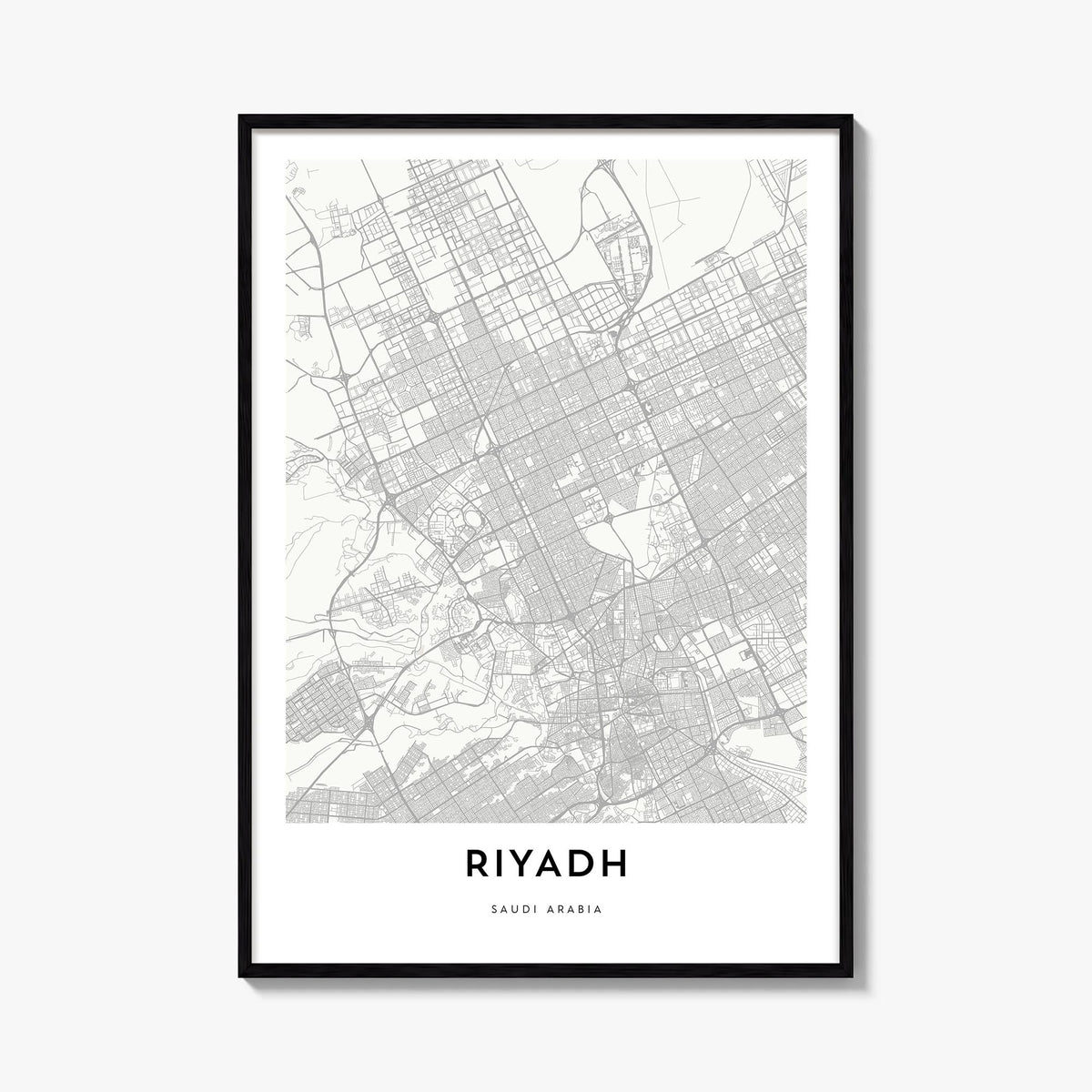 Riyadh black & white map poster of Saudi Arabia – vertical wall art, unframed print shown in interior mockup