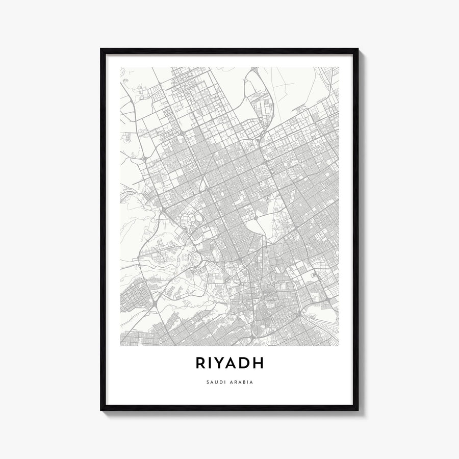 Riyadh black & white map poster of Saudi Arabia – vertical wall art, unframed print shown in interior mockup
