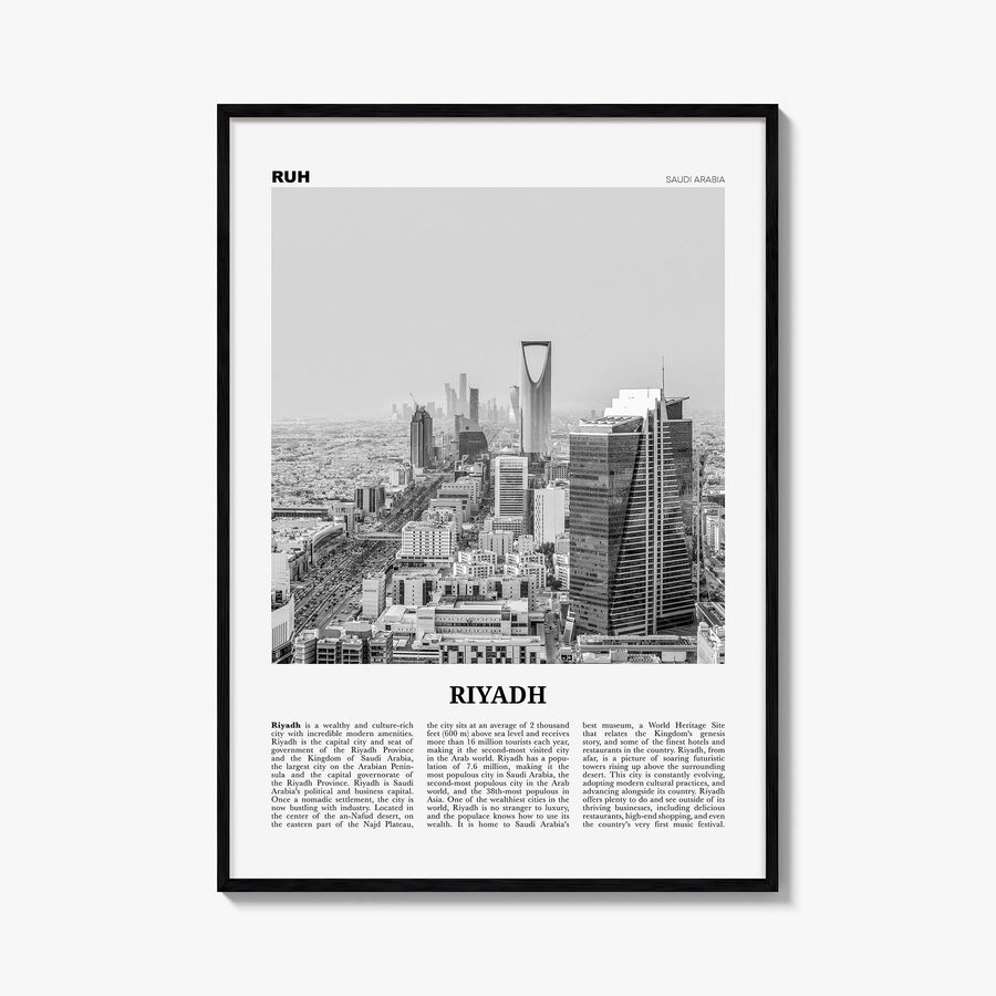 Riyadh black & white newspaper poster of Saudi Arabia – vertical wall art, unframed print shown in interior mockup