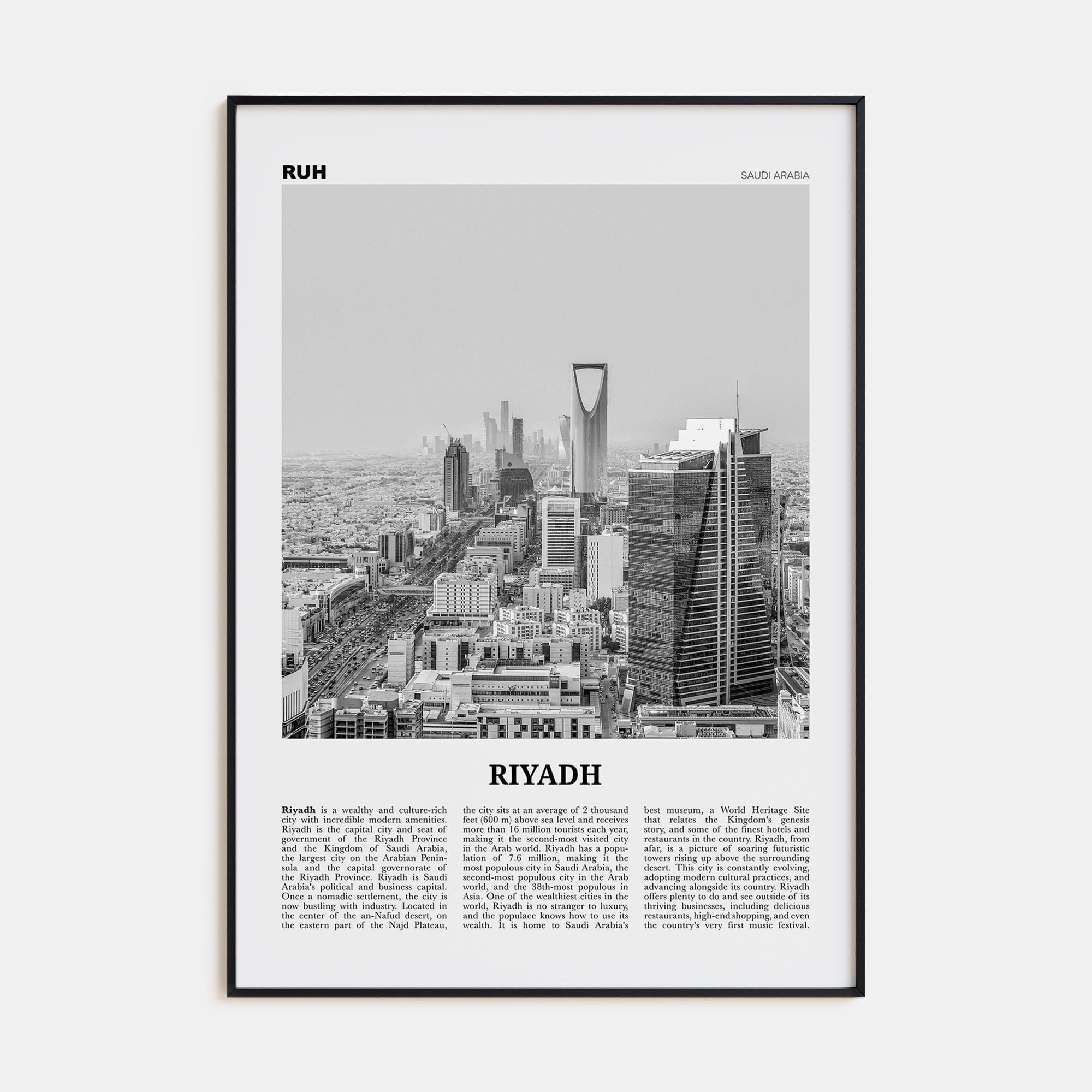 Riyadh Poster Black Metal / 8x12 in Nbourhood Travel B&W Poster