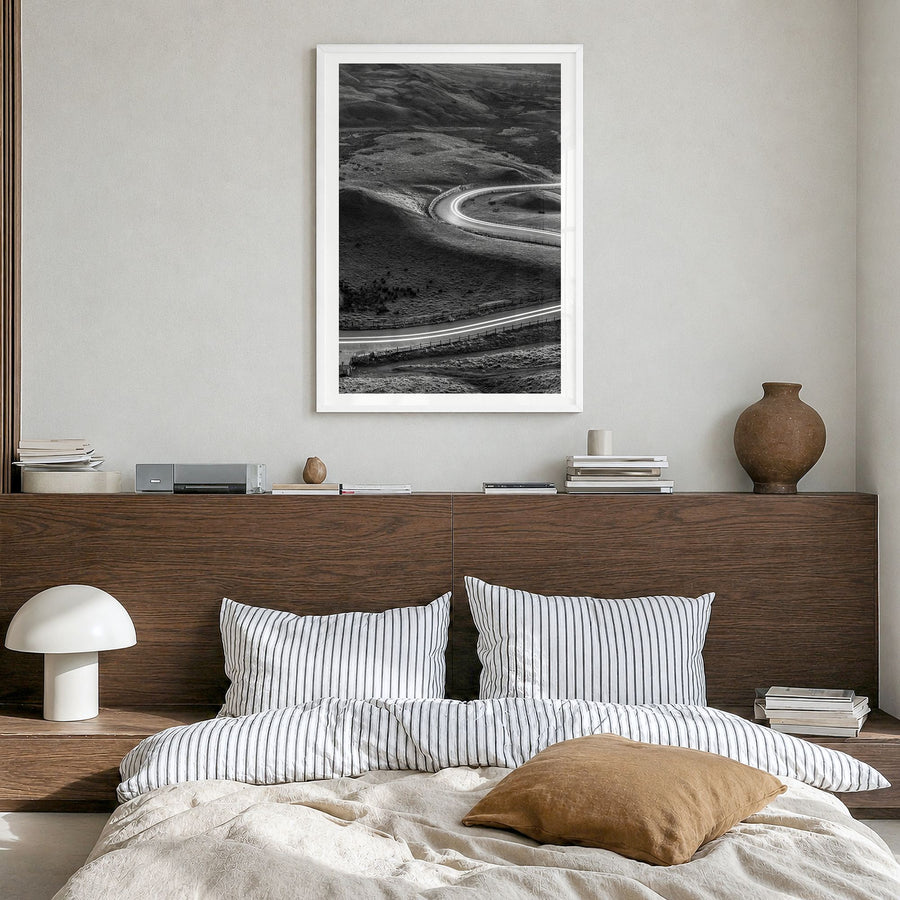 Road Photo No 2 Poster in a white wood frame, hanging in a bedroom, white border