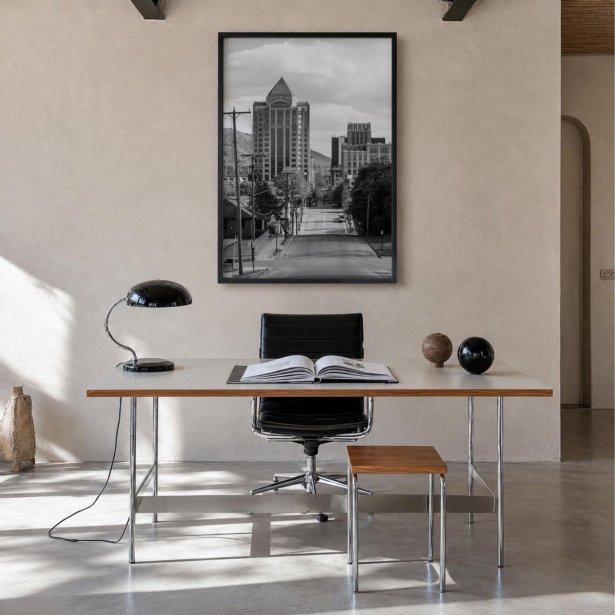 Roanoke black & white photo poster of Virginia, USA – vertical wall art in black wood frame, hanging on wall