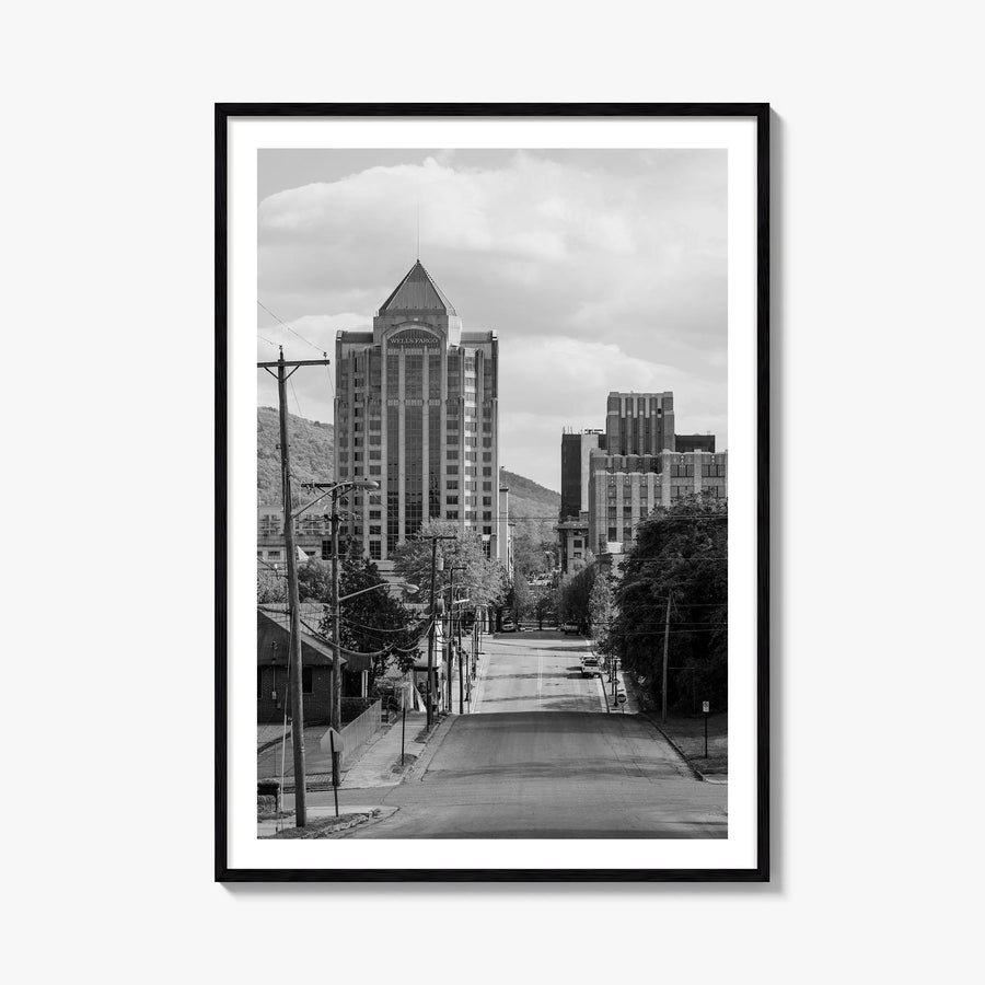 Roanoke black & white photo poster of Virginia, USA – vertical wall art, unframed print shown in interior mockup