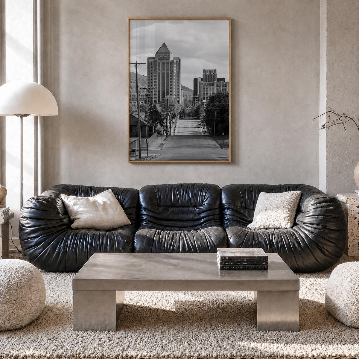 Roanoke black & white photo poster of Virginia, USA – vertical wall art in natural wood frame, hanging on wall