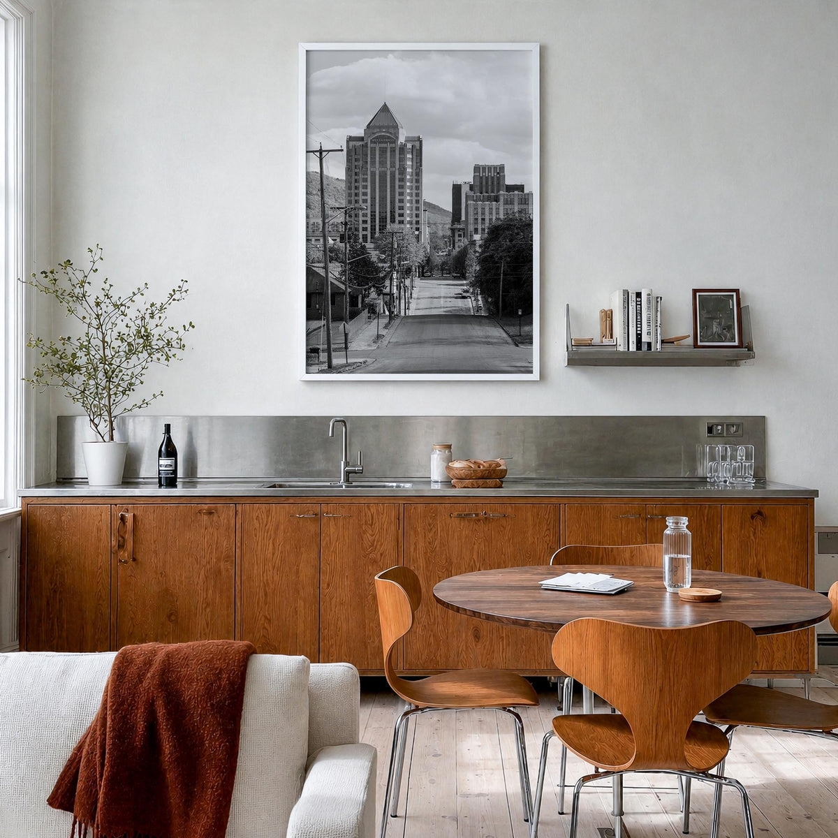 Roanoke black & white photo poster of Virginia, USA – vertical wall art in white wood frame, hanging on wall