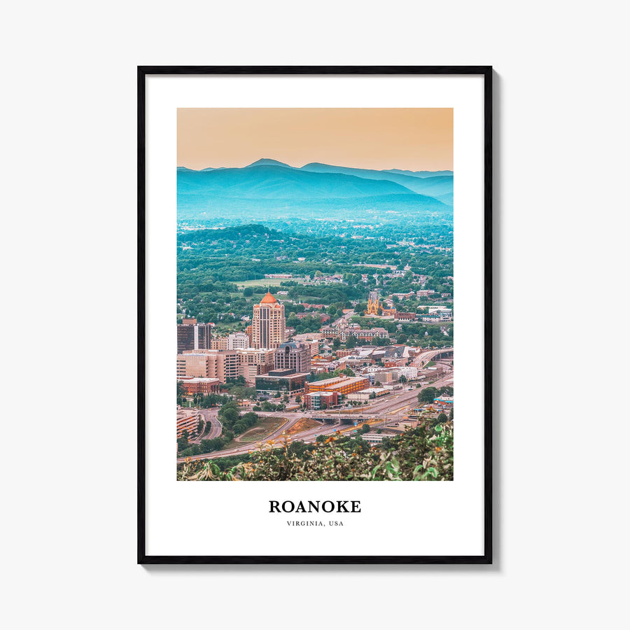 Roanoke colorful classic poster of Virginia, USA – vertical wall art, unframed print shown in interior mockup