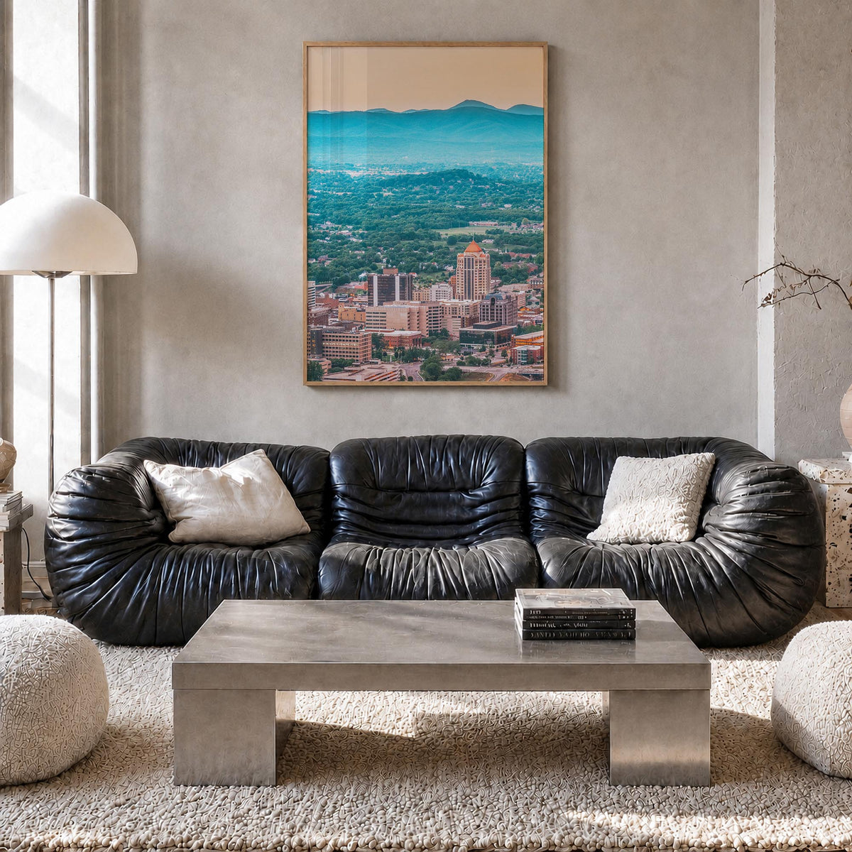 Roanoke colorful photo poster of Virginia, USA – vertical wall art in natural wood frame, hanging on wall