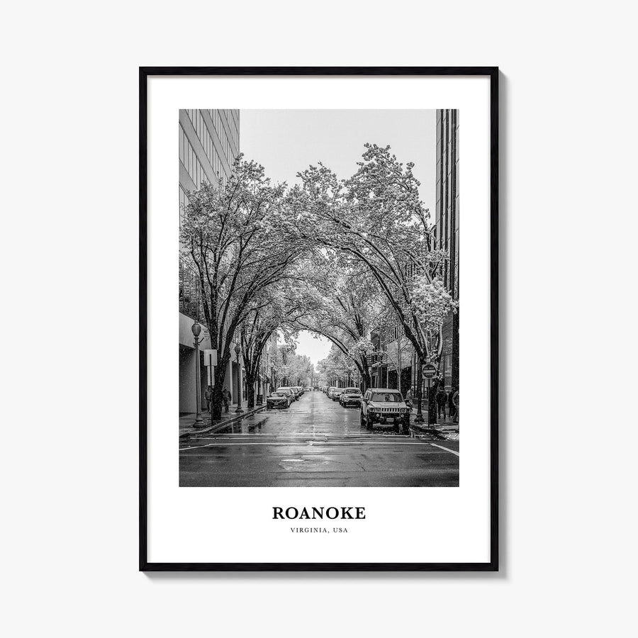 Roanoke no. 1 black & white classic poster of Virginia, USA – vertical wall art, unframed print shown in interior mockup