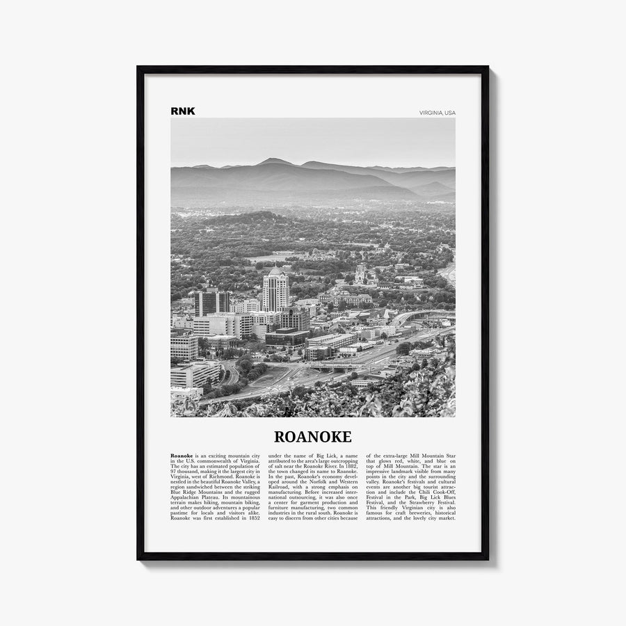 Roanoke no. 1 black & white newspaper poster of Virginia, USA – vertical wall art, unframed print shown in interior mockup