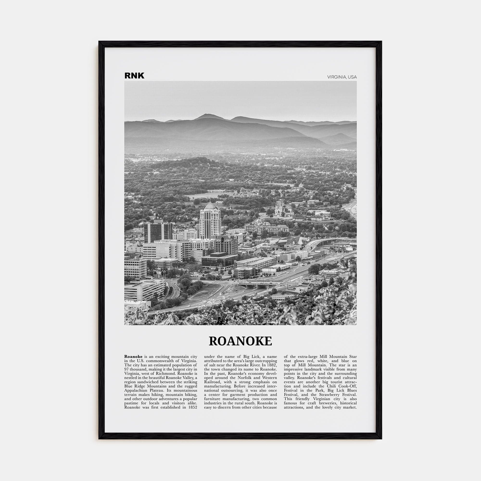 Roanoke No 1 Poster Black Wood / 8x12 in Nbourhood Travel B&W Poster